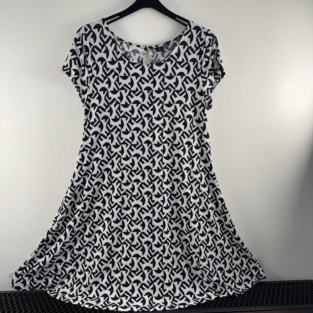 Kaari Blue Dress Womens Large Black White Geometric Print Short Sleeve A-Line‎